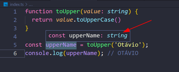 Figura 5. VSCode + tsserver exibindo o tipo de uma variável

                