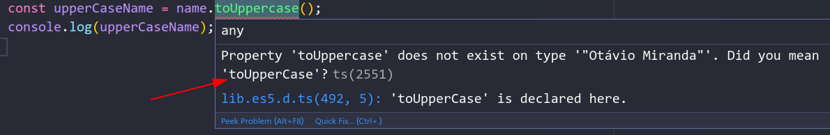 Figura 4. O TypeScript detecta o erro antes que você possa executar seu código.

                